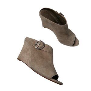 Tory Burch Grant Beige Suede Wedge Mules Peep Toe Size 8M